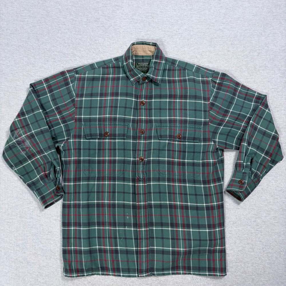 Ralph Lauren Country Plaid Flannel Shirt Green Cotton Long Sleeve